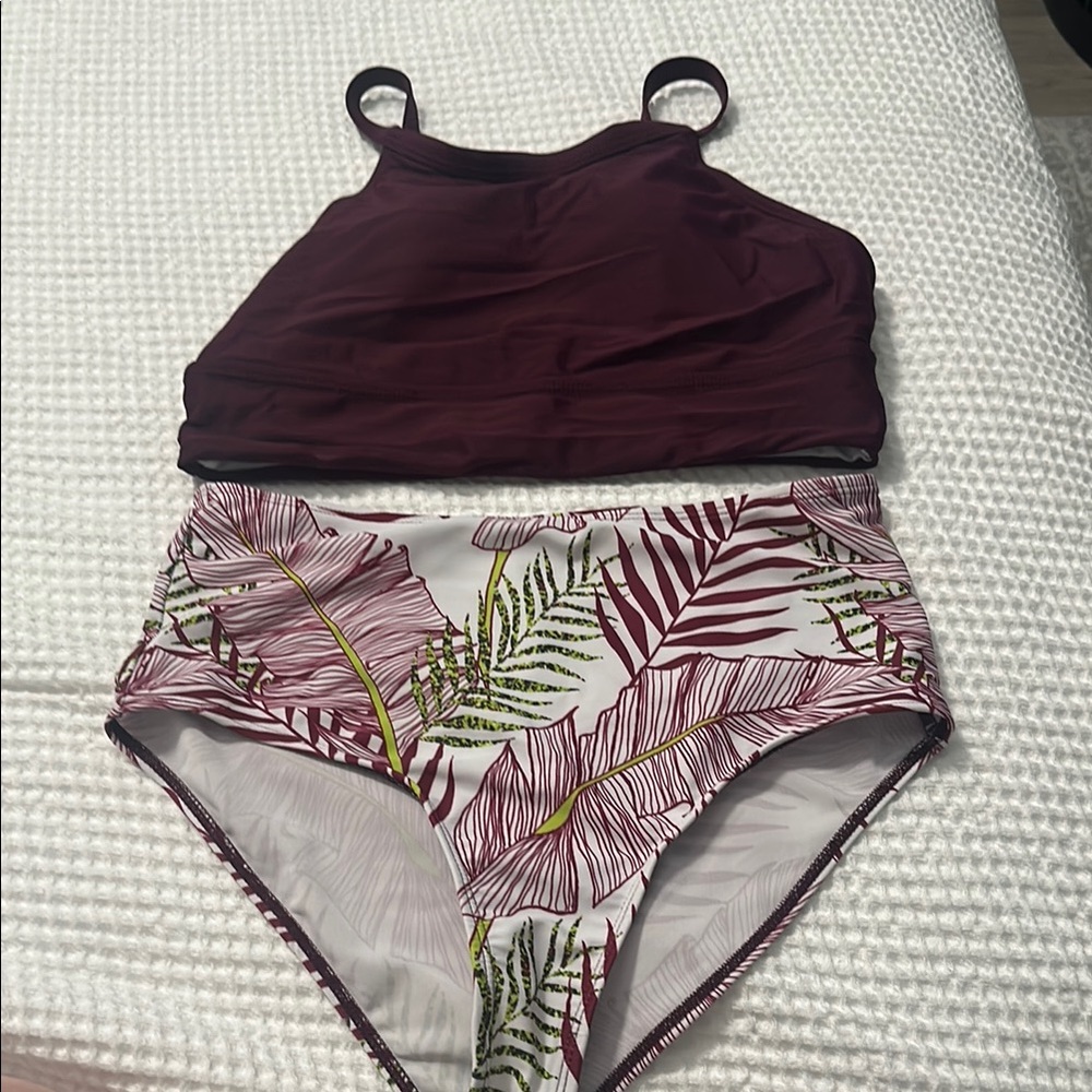 Leaf Print High-Waisted Bikini burgundy and white size medium